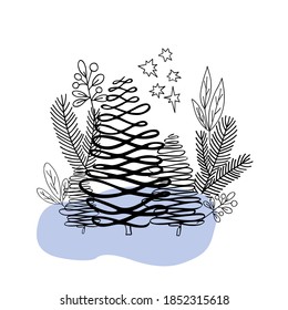 Christmas floral composition with fir trees and leaves branches in simple hand drawn doodle style for greeting cards, invitations, banner vector illustration