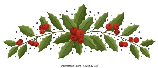 Christmas floral composition with holly berry. Modern design for Holidays invitation card,  poster, banner, greeting card, postcard, packaging, print. Vector illustration. 