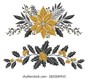 Christmas floral compositions with winter plants and berries. Modern design for Holidays invitation card,  poster, banner, greeting card, postcard, packaging, print. Vector illustration. 