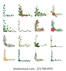 Conjunto de borde de esquina floral de Navidades. Holly Berry, Poinsettia y Elementos de marco de muérdago. Decoración de la esquina del Vector para las tarjetas de Festiva.