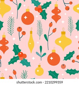 Christmas floral cute seamless pattern. Simple flat xmas objects - flowers and baubles. Festive bright print for Christmas decoration, wrapping paper and backgrounds.