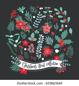 Christmas floral decoration collection. Set of different flowers, leaves and berry. Colorful vector design elements. Illustration on dark background.