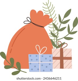 Christmas Floral Decoration With Gifts Vector Illustration