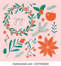 Christmas floral decoration set. Simple Xmas greeting card design elements with flowers, pine branches and red berries. Winter retro mistletoe, wreath and apple for invitations, letters.