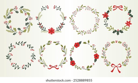 Christmas floral decorative wreaths. Hand-drawn cute set with seasonal flowers, branches and berries. Red and green items. Vector illustration.