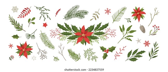 Conjunto de elementos de diseño floral de Navidad. Ramas de flores, hojas, ramas de árboles, bayas, flores, poinsettia, mistletoe, copos de nieve y estrellas. Decoración navideña en un estilo plano con fondo blanco