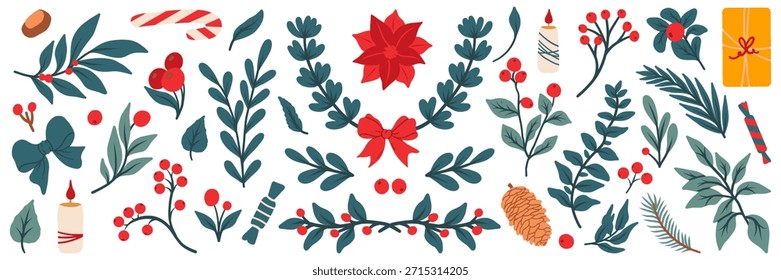Weihnachten Blumendesign Elemente Set. Tannenzweige, Blätter, Zweige, Beeren, Blumen und eine Schleife. Weihnachtsdekoration im flachen Stil auf weißem Hintergrund.