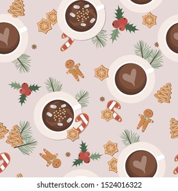 Christmas floral elements, gingerbread cookies and cacao mug seamless pattern. Editable vector illustration