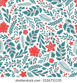 Christmas floral elements seamless pattern for wallpaper, textile prints, bedding, gift wrap and packaging, scrapbooking, backgrounds, digital paper, etc. EPS 10