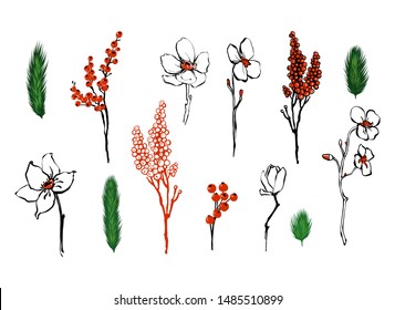 Christmas floral elements: christmas tree branch, white flowers and red holly berries. Flat lay. Holiday winter retro textile design. Vector floral watercolor painting on white backdrop.
