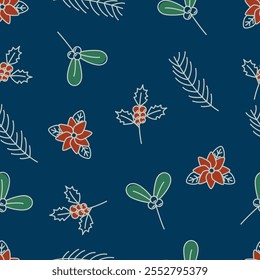 Weihnachten Blumen und Laub Vektor nahtlose Muster. Wintersaison Pflanzen, holly, Beere, Mistel, Tanne für Karte, Stoff, Textil, Tapete, Hintergrund, Papiergeschenk, Schal, Telefontasche, Verpackung.