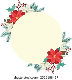 Christmas floral frame with red poinsettia, mistletoe, red berries and fir branches.
