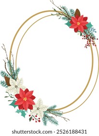 Christmas floral frame with red poinsettia, mistletoe, red berries and fir branches.