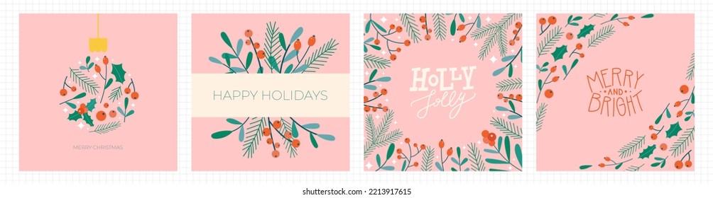 Christmas floral greeting card set. Flat modern letterings with cute fir branches, red berries and ilex. Perfect for New Year letter, invitation, flyer template.