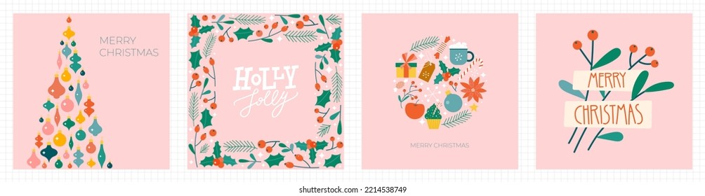 Christmas floral greeting card set. Flat modern decoration prints with cute baubles, fir branches, red berries and sweets. Perfect for New Year letter, invitation, flyer template.