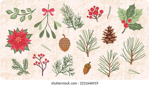 Christmas floral illustration. Vector clipart collection. Retro style