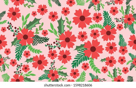 Christmas floral pattern background design, with unique and cute red flower drawing.