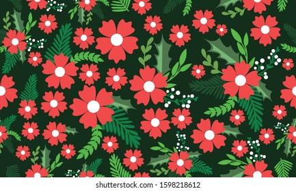 Christmas floral pattern background design, with unique and cute red flower drawing.