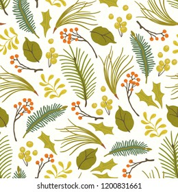 Patrón floral navideño con ramas, bayas y follaje. Ilustración sin fisuras vectorial en estilo retro plano.