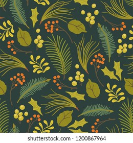 Patrón floral navideño con ramas, bayas y follaje. Ilustración sin fisuras vectorial de estilo retro plano sobre fondo oscuro.