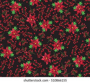 Christmas floral pattern on black background.