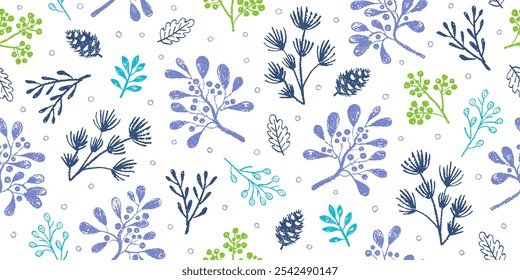 Christmas floral pattern. Seamless mistletoe pine branch berry vector. Crayon pastel plant. Winter Christmas flower background. Green blue chalk holiday design. Crayon childish element. Cute pattern