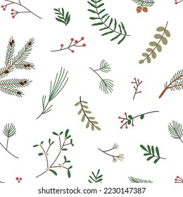 Christmas floral pattern. Seamless nature background, tree branches, leaf, plants, twigs, berries. Winter holiday repeating print for wrapping, fabric, decoration. Colored flat vector illustration