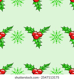 Christmas floral pattern and snowflakes on light green background. Design for fabric pattern, textile, gift wrapping paper.