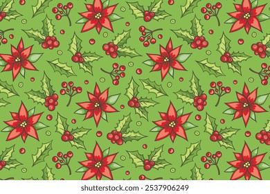 Christmas floral poinsettia pattern, red flowers, holiday greenery and Christmas pattern background