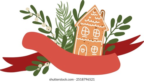 Christmas Floral Ribbon With Gingerbread House Vector Illustration