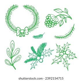 Christmas floral scribbles clipart. Hand drawn winter doodles line art. Green outline vector illustration.
