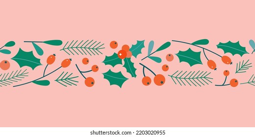 Christmas floral seamless border. Cute flat fir branches, mistletoe and red berries in xmas frame element or divider. Festive bright floral garland for Christmas decoration.