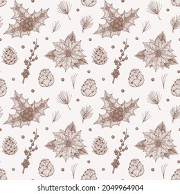 Christmas floral seamless patter with poinsettia flowers and holly. Hand drawn vector illustration