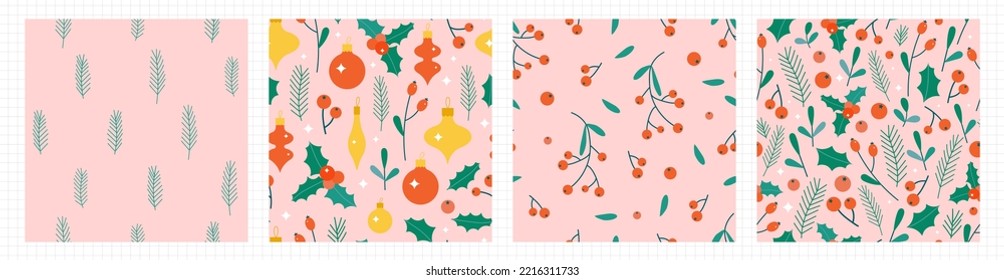 Christmas floral seamless pattern collection. Cute flat berry, fir, bauble and mistletoe backgrounds for wrapping paper and other Xmas design. Sparkling festive wallpapers for New Year celebration.