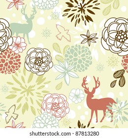 Christmas floral seamless pattern with deers and birds