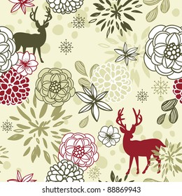 Christmas floral seamless pattern with deers and birds