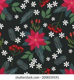 Christmas floral seamless pattern. Flat vector cartoon design