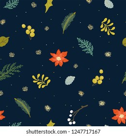 Christmas floral seamless pattern with golden texture, flowers poinsettia, leaves and branches. Vector illustration on dark blue background.