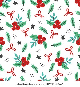 Christmas floral seamless pattern. Hand drawn style illustration. Winter holiday background for wallpaper, textile, fabric design.