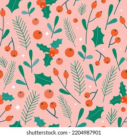 Christmas floral seamless pattern on pink background. Cute flat red berries, mistletoe, fir branches with tiny sparkles. Perfect retro print for fabric, wrapping paper or cover.