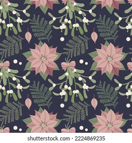 Christmas Floral Seamless Pattern with Poinsettia, Mistletoe flowers. Vector illustration in a hand-drawn style
