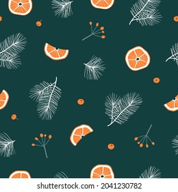 Christmas floral seamless pattern with spruce branches, berries and oranges. Trendy vintage style. 
