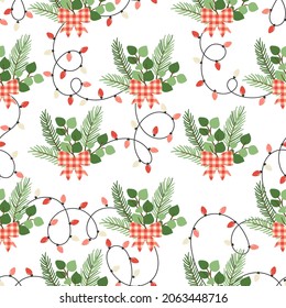 Christmas floral seamless pattern with twigs red bow and lamps garland on white background. Holiday floral hand drawn wrap paper or fabric design. Vector design template.