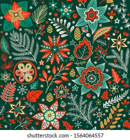 Christmas floral seamless pattern. Vector hand drawn doodle floral elements. Winter ornament for textile, wallpaper, wrapping paper.