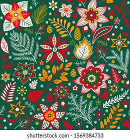 Christmas floral seamless pattern. Vector hand drawn doodle floral elements. Winter ornament for textile, wallpaper, wrapping paper.