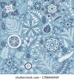 Patrón floral de Navidad sin costuras. Elementos florales de doodle dibujados a mano por vectores. Ornamento invernal para textiles, papel pintado, papel de envoltura.
