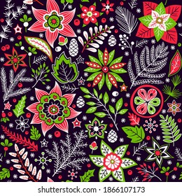 Christmas floral seamless pattern. Vector hand drawn doodle floral elements. Winter ornament for textile, wallpaper, wrapping paper.