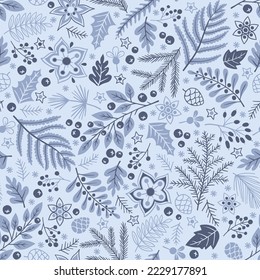 Christmas floral seamless pattern. Vector hand drawn doodle floral elements. Winter ornament for textile, wallpaper, wrapping paper.