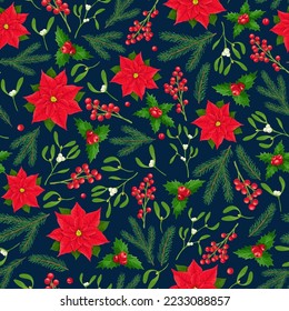 Christmas floral seamless pattern vector illustration. Cartoon isolated pine tree and mistletoe, holly berry branches and red poinsettia flowers, winter nature and decoration in Christmas ornament