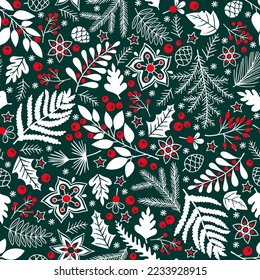 Christmas floral seamless pattern. Vector hand drawn doodle floral elements. Winter ornament for textile, wallpaper, wrapping paper.